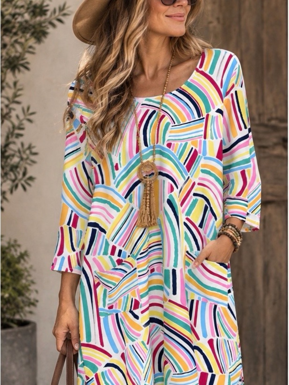 Colorful Abstract Print Pocket Shift Dress 3/4 Sleeve